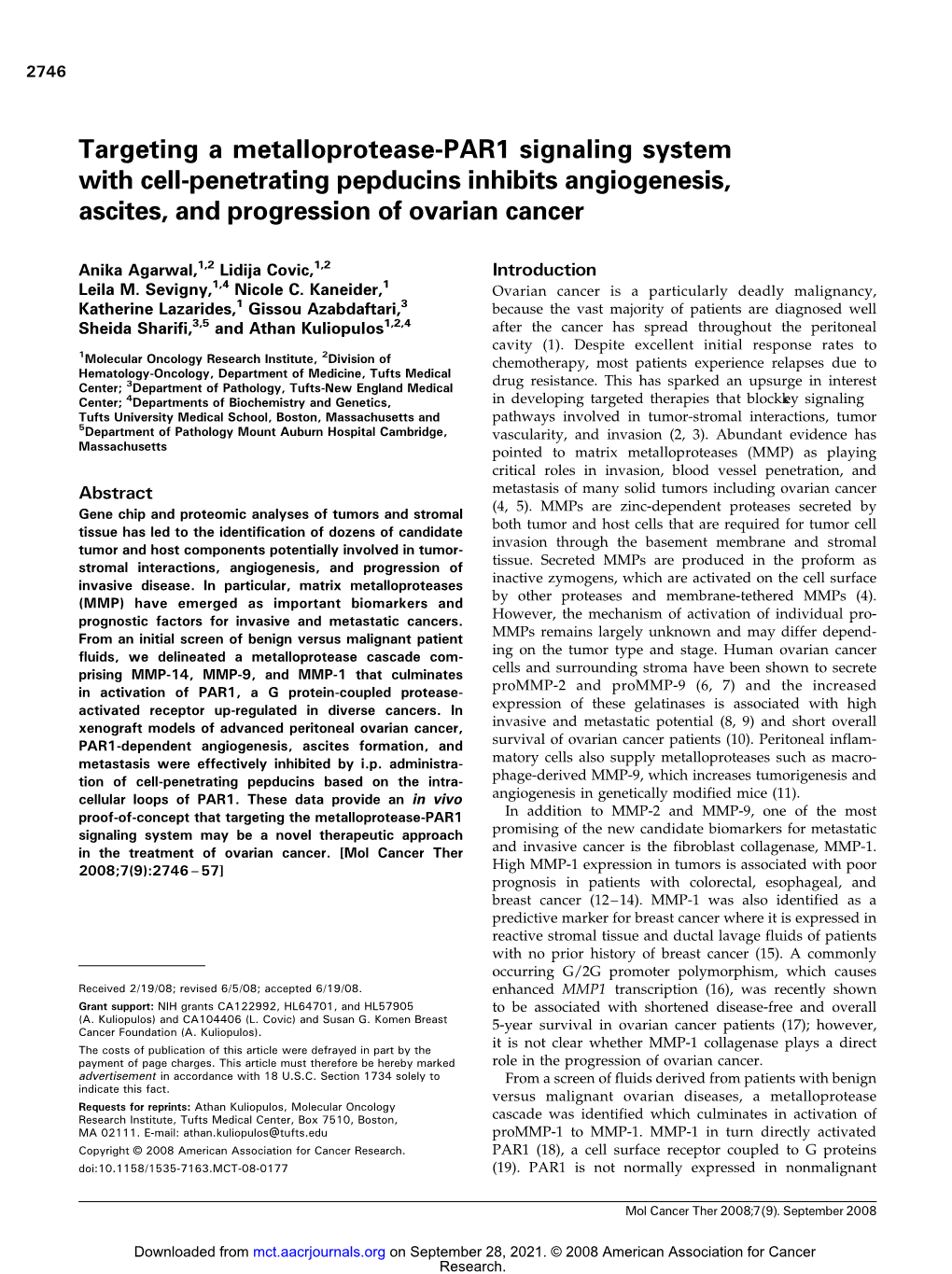 Targeting a Metalloprotease-PAR1 Signaling System with Cell-Penetrating Pepducins Inhibits Angiogenesis, Ascites, and Progression of Ovarian Cancer