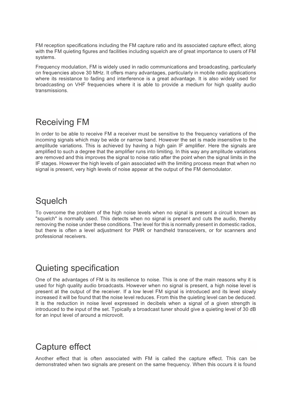 Receiving FM Squelch Quieting Specification Capture Effect