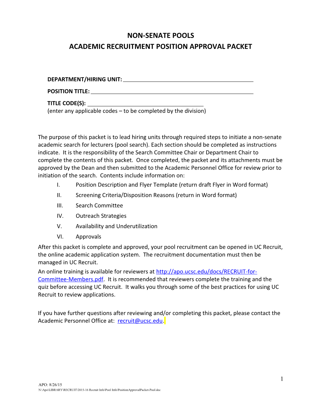 Academic Recruitment Position Approval Packet