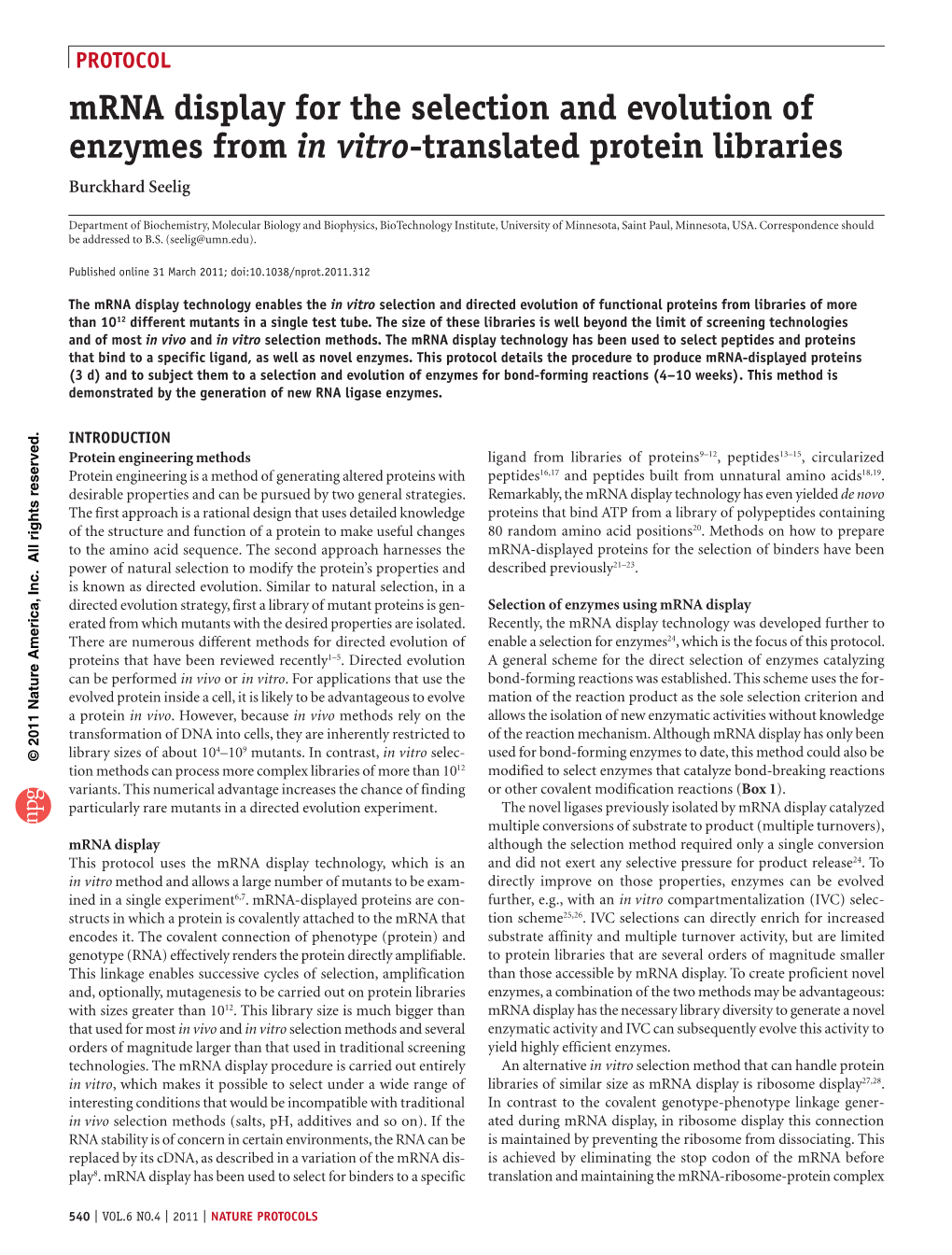 Mrna Display for the Selection and Evolution of Enzymes from in Vitro