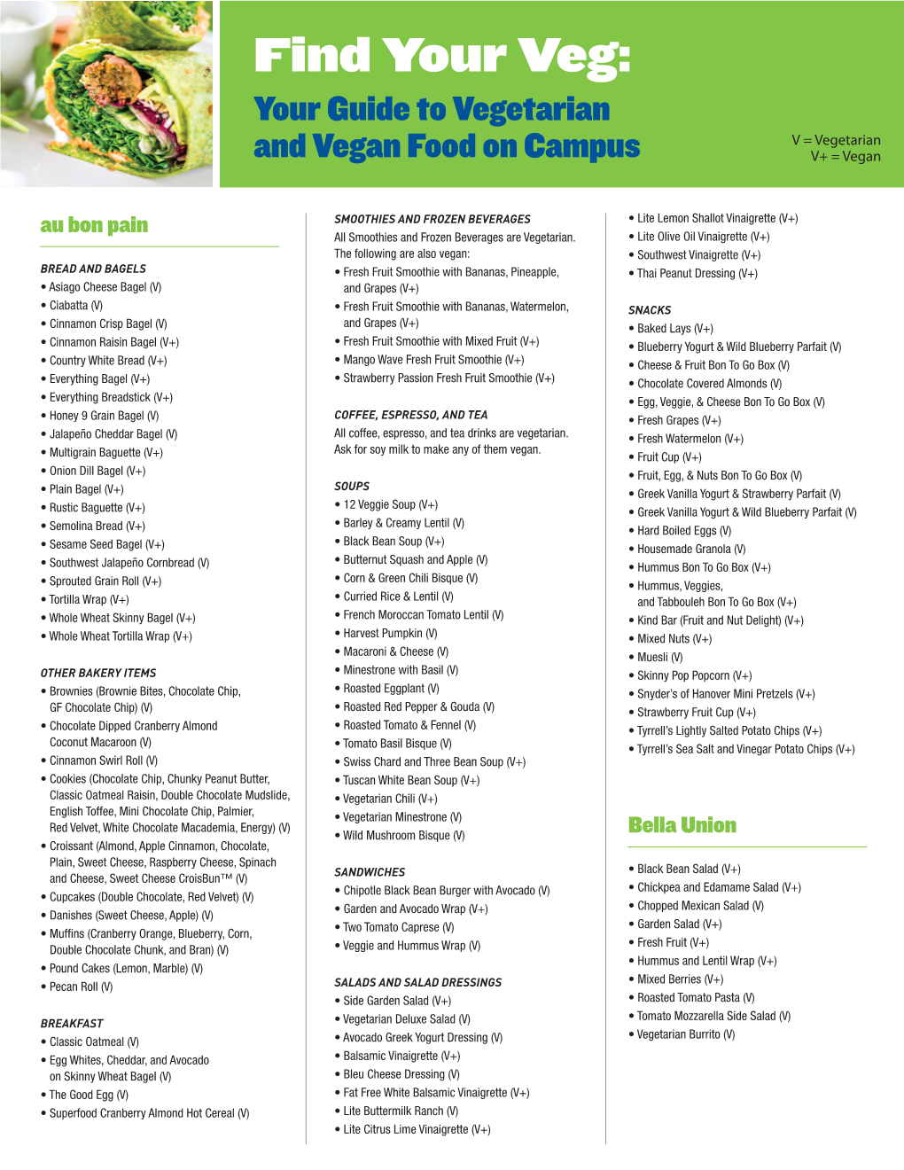 Find Your Veg: Your Guide to Vegetarian V = Vegetarian and Vegan Food on Campus V+ = Vegan