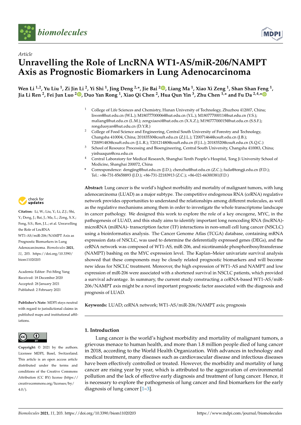 Unravelling the Role of Lncrna WT1-AS/Mir-206/NAMPT Axis As Prognostic Biomarkers in Lung Adenocarcinoma