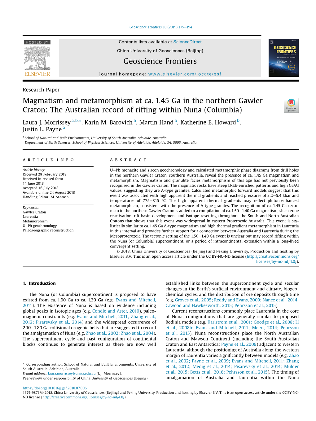 Magmatism and Metamorphism at Ca. 1.45 Ga in the Northern Gawler Craton: the Australian Record of Rifting Within Nuna (Columbia)