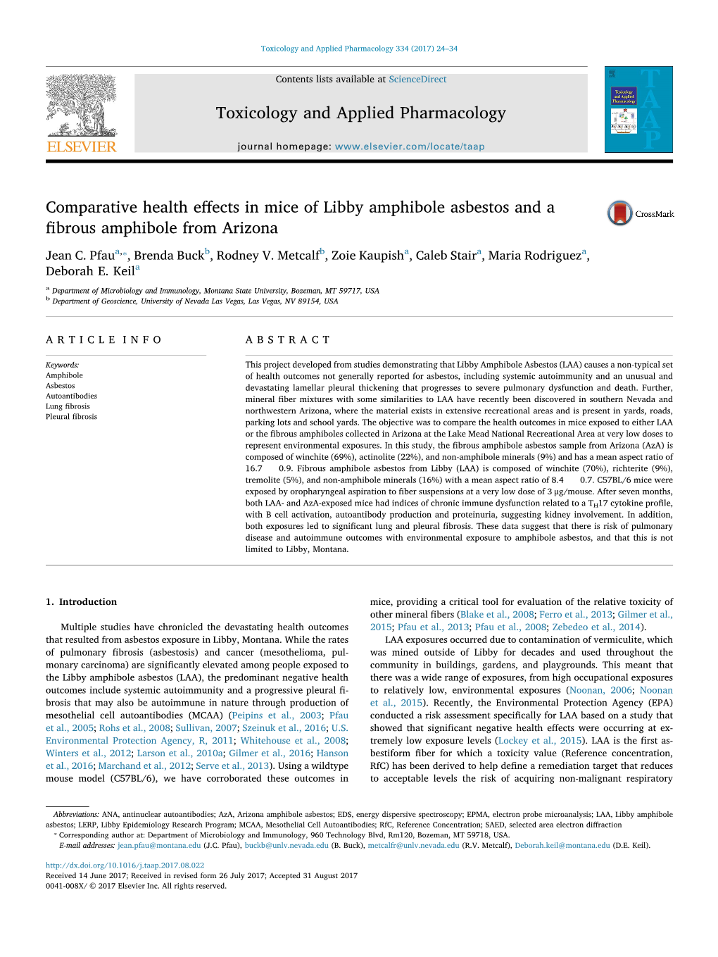 Comparative Health Effects in Mice of Libby Amphibole Asbestos and a Fibrous Amphibole from Arizona