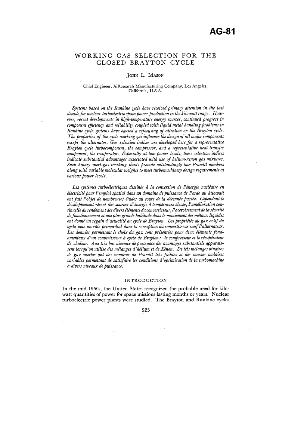 Working Gas Selection for the Closed Brayton Cycle John L