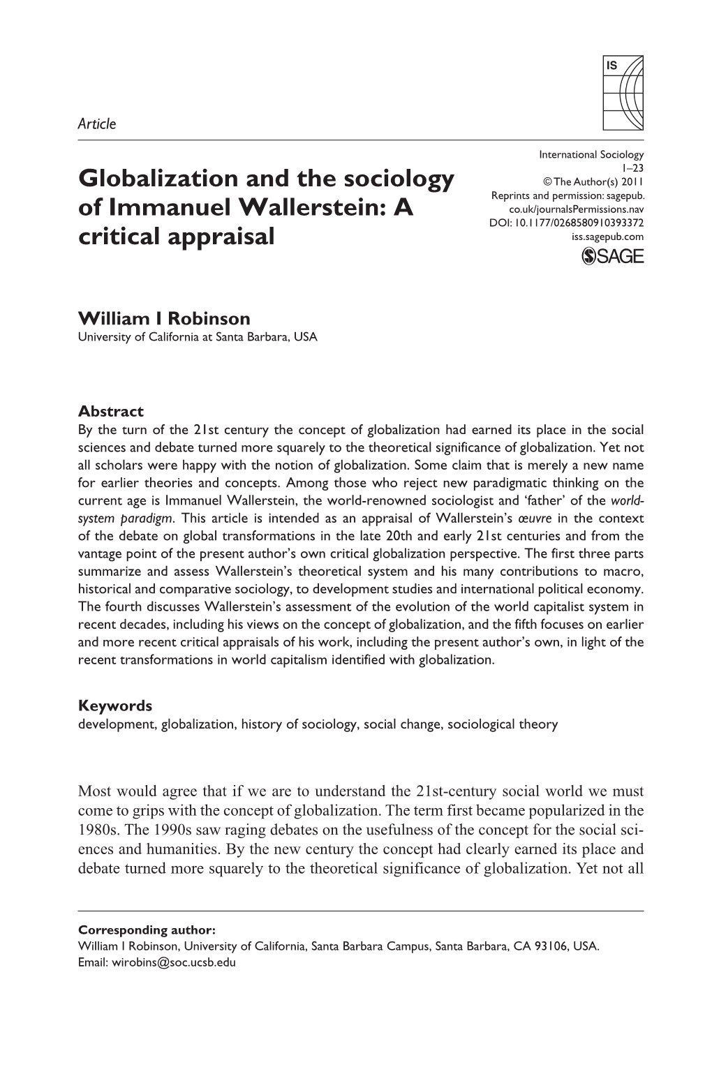 Globalization and the Sociology of Immanuel Wallerstein