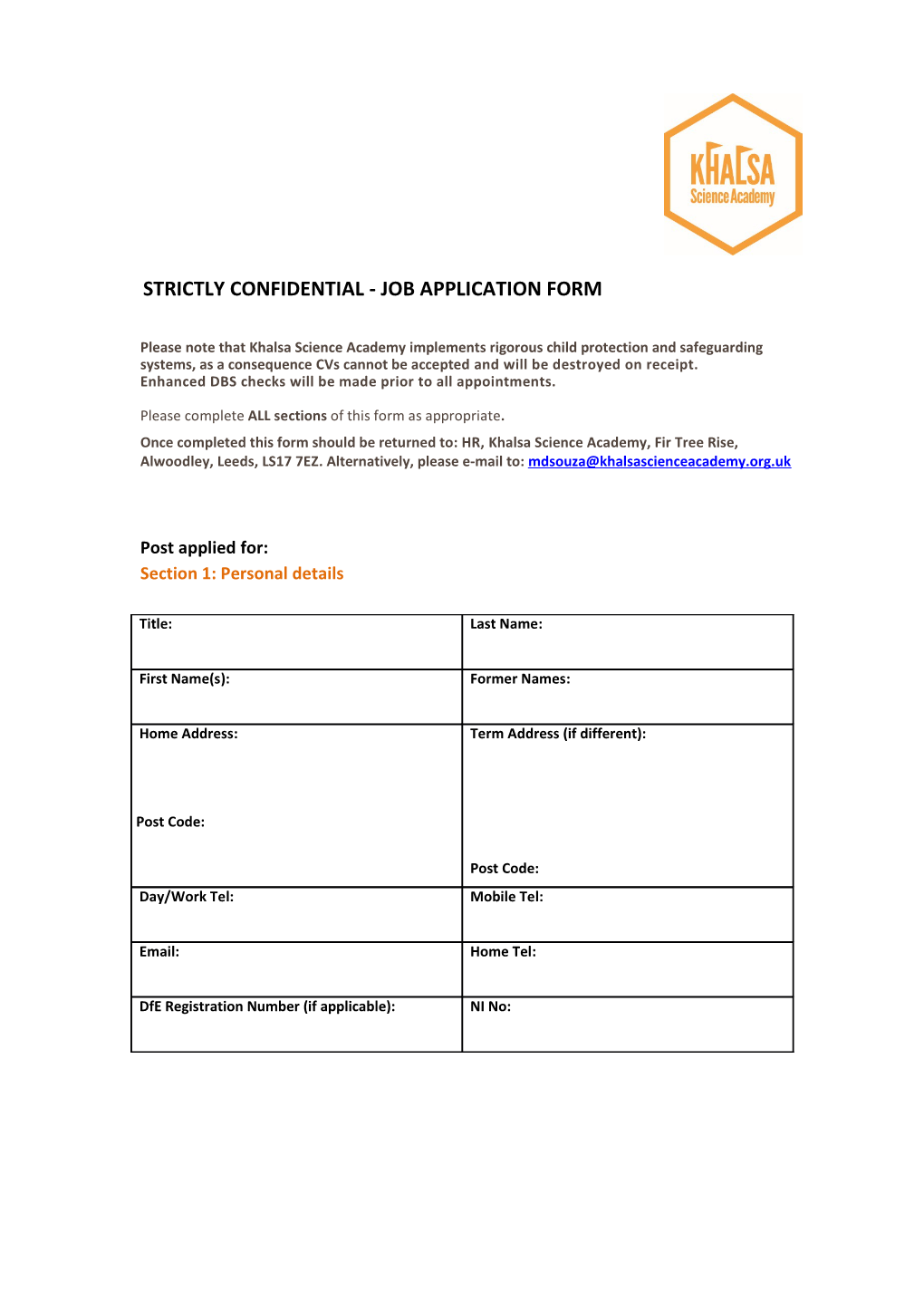 Strictly Confidential - Job Application Form