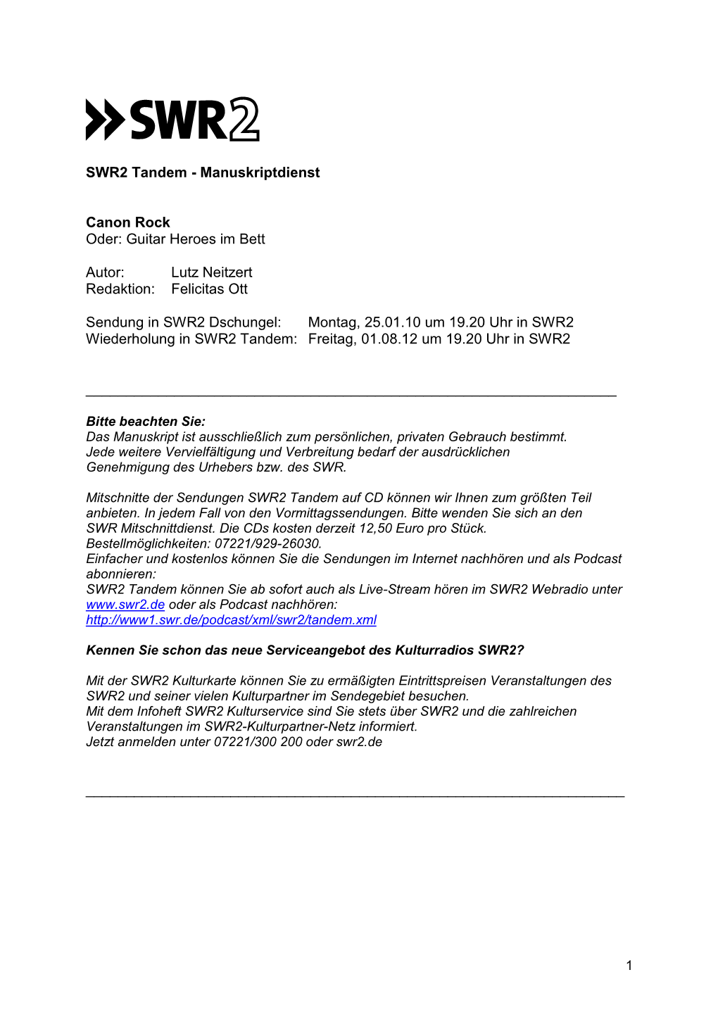 SWR2 Tandem - Manuskriptdienst