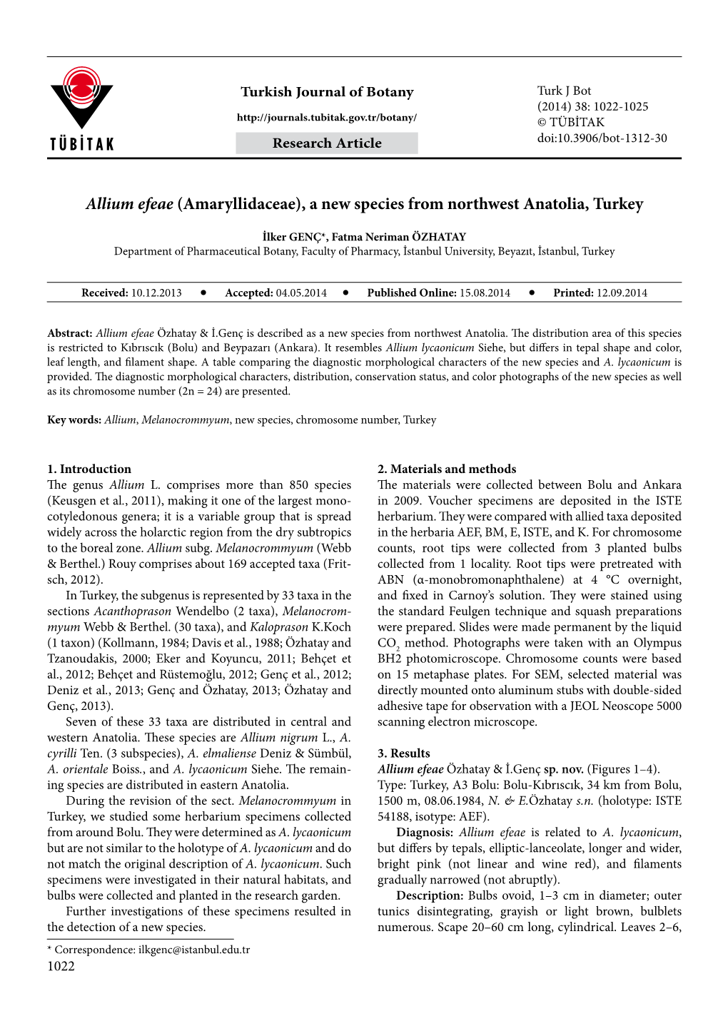 Allium Efeae (Amaryllidaceae), a New Species from Northwest Anatolia, Turkey