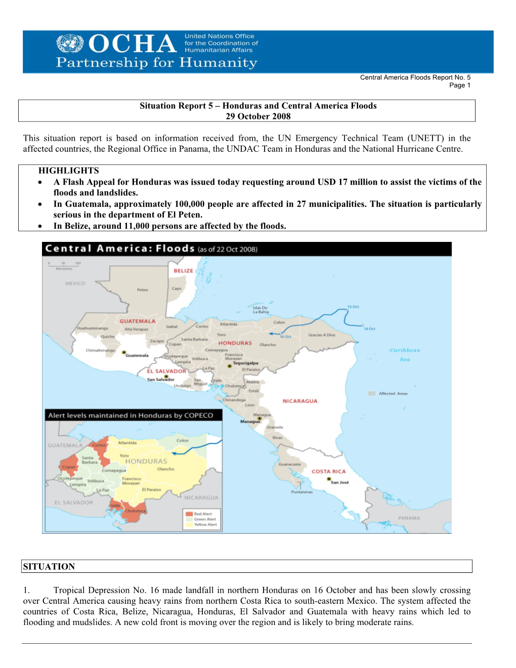 Situation Report 5 – Honduras and Central America Floods 29 October 2008