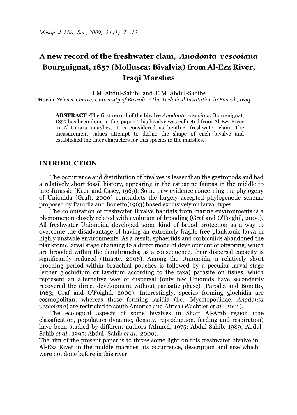 A New Record of the Freshwater Clam, Anodonta Vescoiana Bourguignat, 1857 (Mollusca: Bivalvia) from Al-Ezz River, Iraqi Marshes