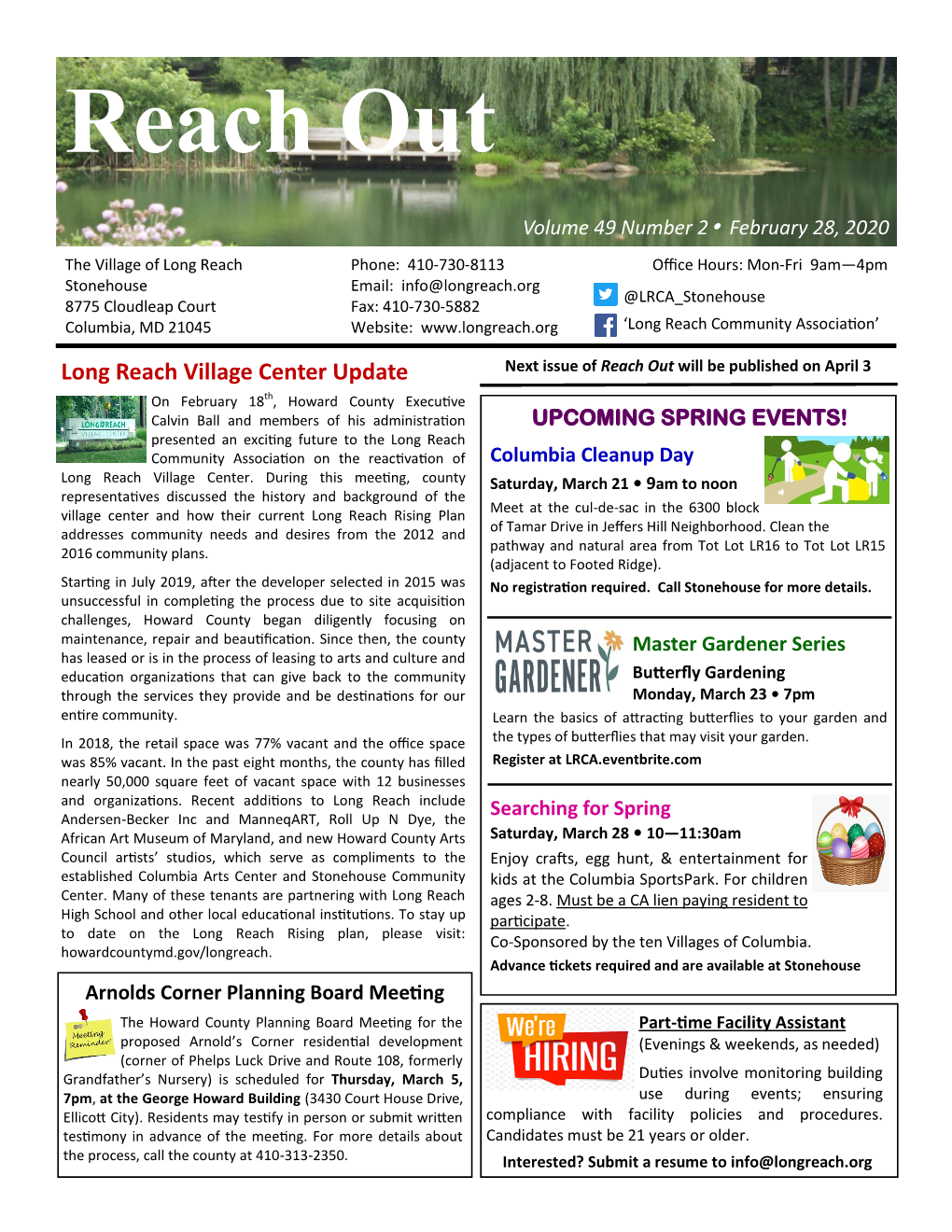 Long Reach Village Center Update Next Issue of Reach out Will Be Published on April 3