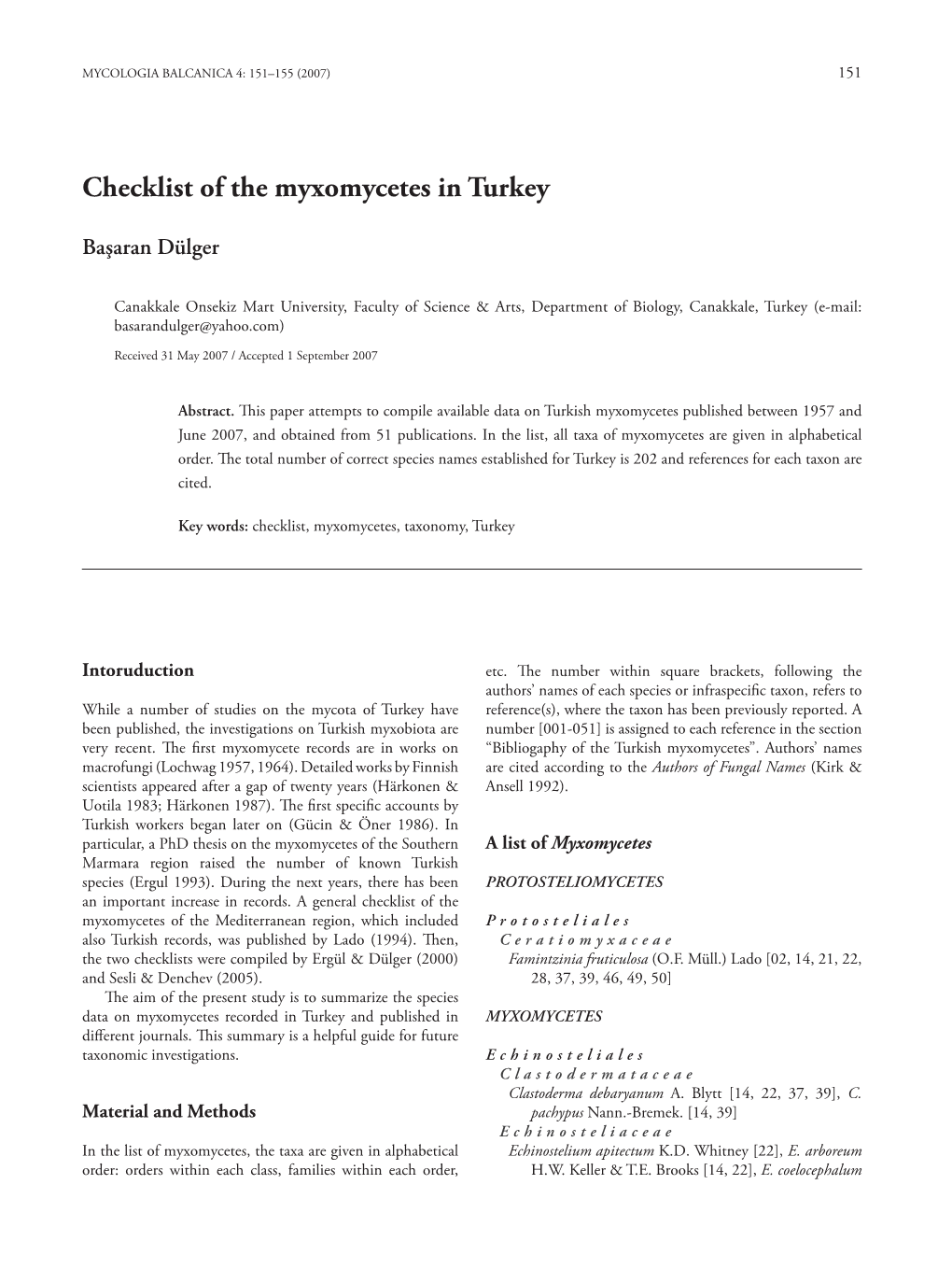Checklist of the Myxomycetes in Turkey