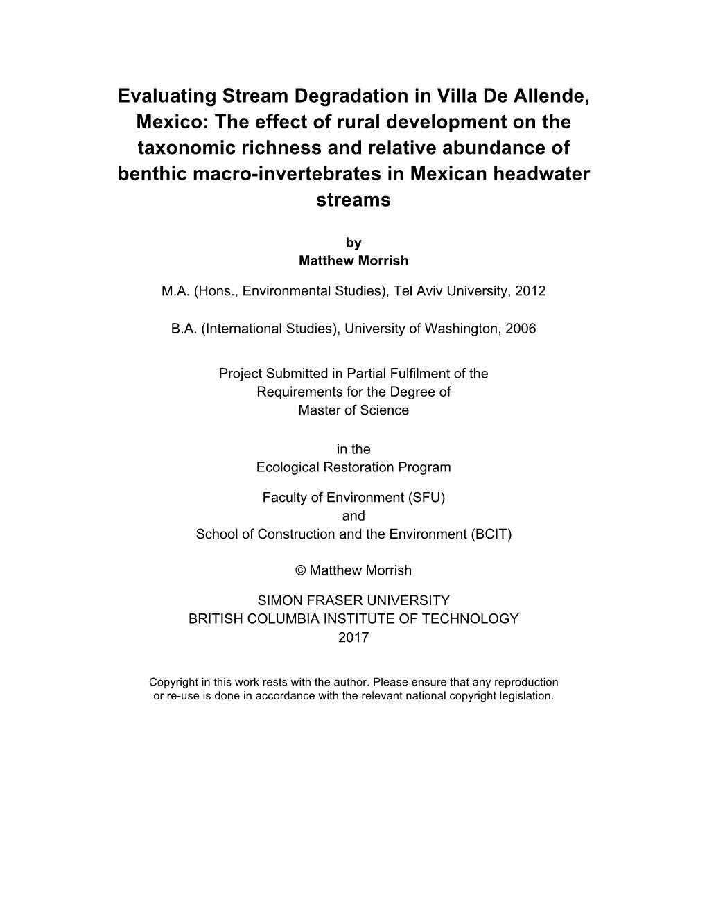 The Effect of Rural Development on the Taxonomic Richness and Relative Abundance of Benthic Macro-Invertebrates in Mexican Headwater Streams