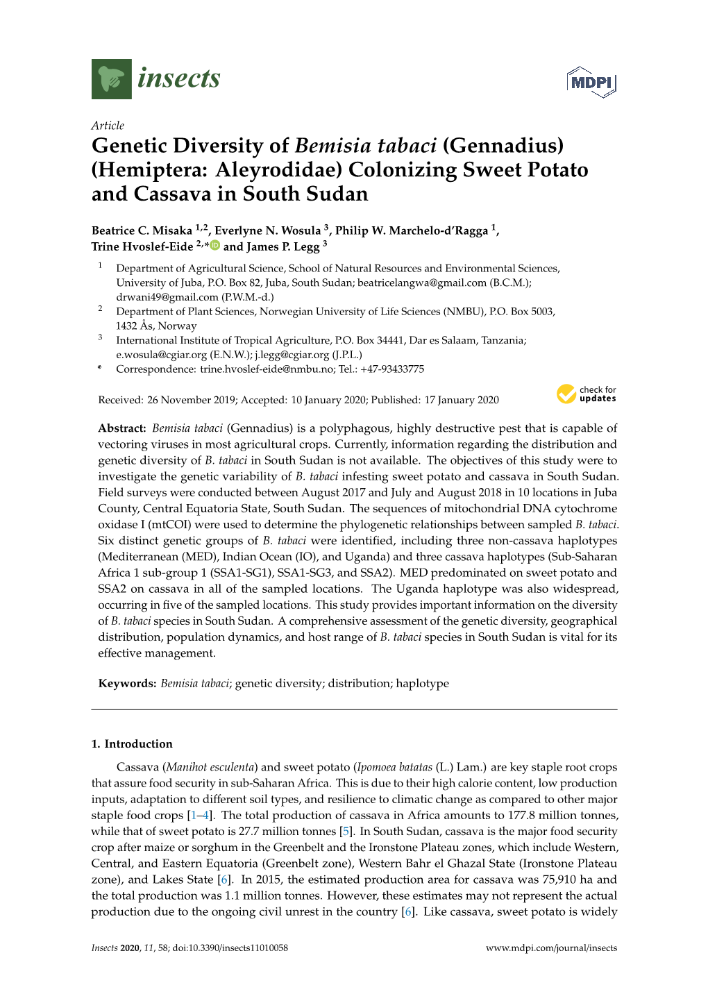 Genetic Diversity of Bemisia Tabaci (Gennadius) (Hemiptera: Aleyrodidae) Colonizing Sweet Potato and Cassava in South Sudan