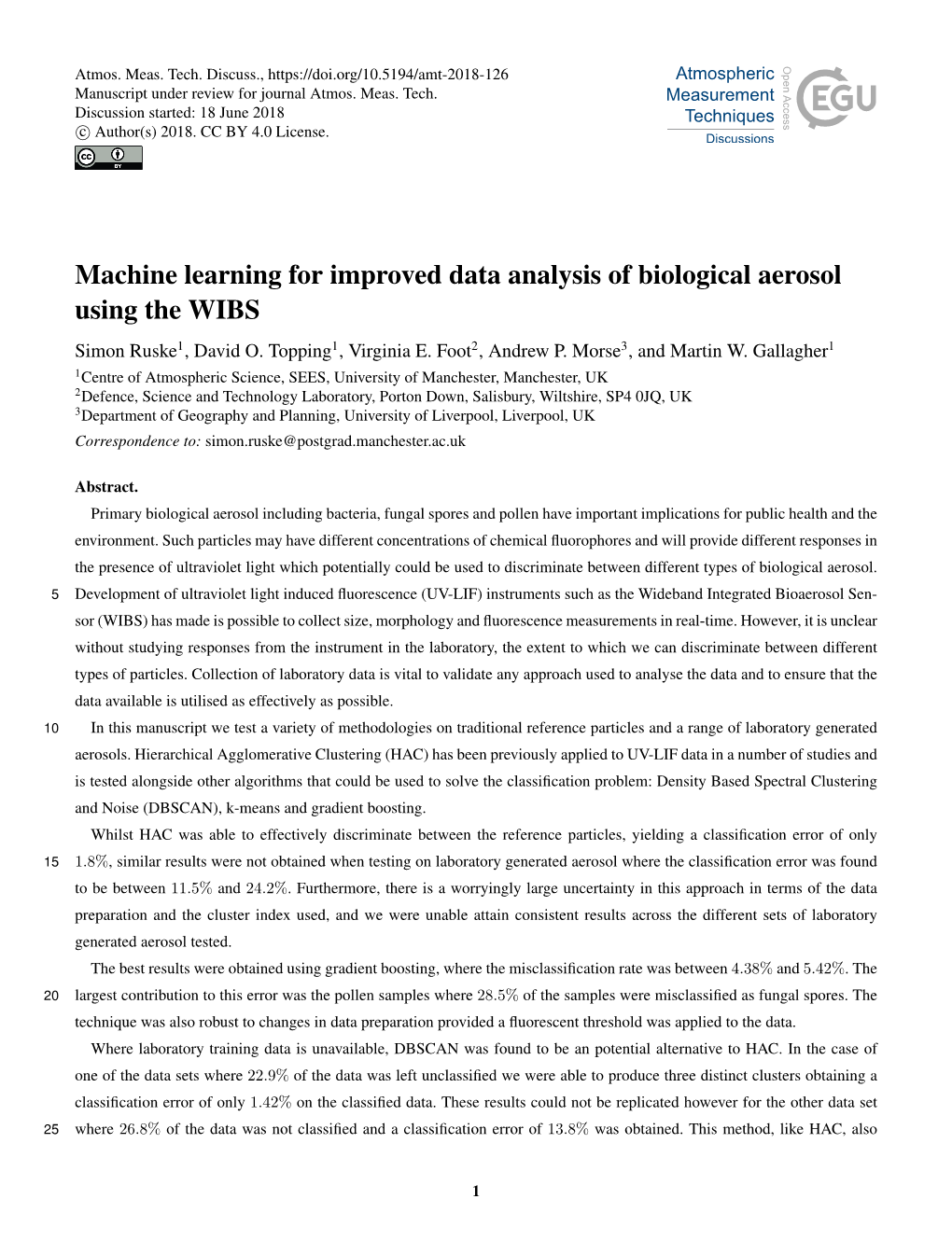 Machine Learning for Improved Data Analysis of Biological Aerosol Using the WIBS Simon Ruske1, David O