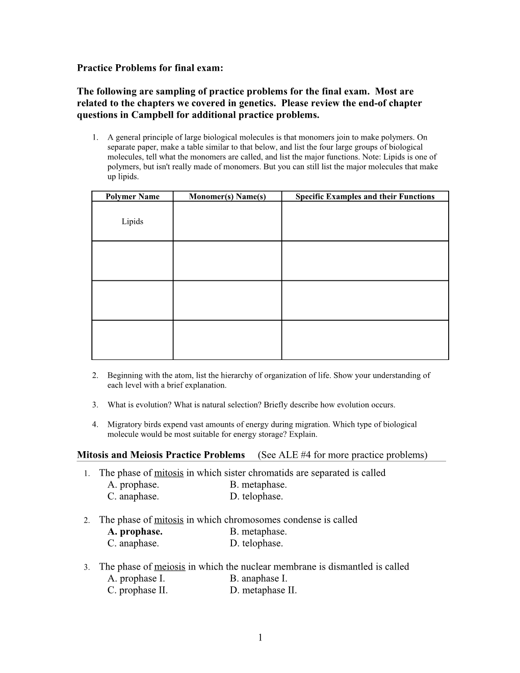 Practice Problems Final Exam