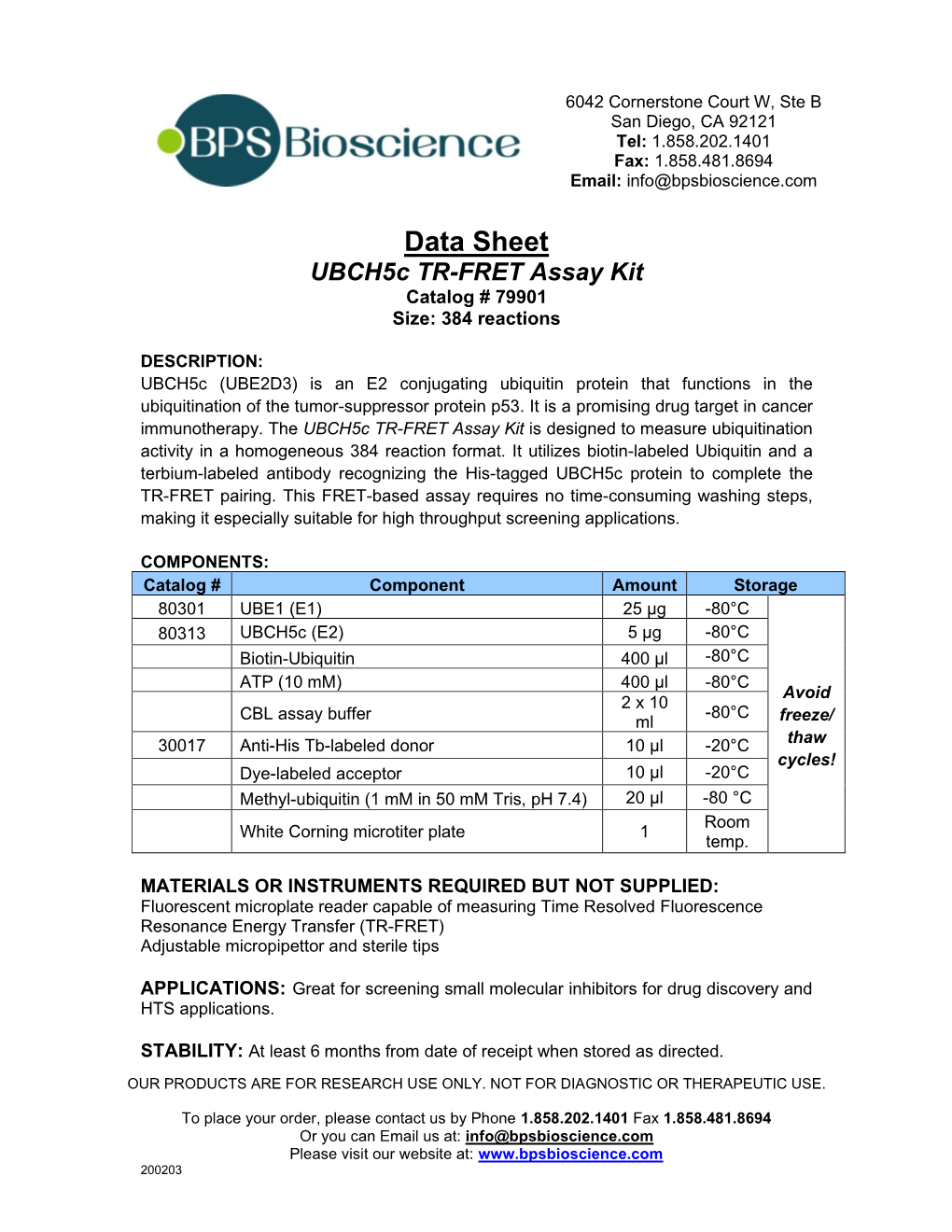 Data Sheet Ubch5c TR-FRET Assay Kit Catalog # 79901 Size: 384 Reactions