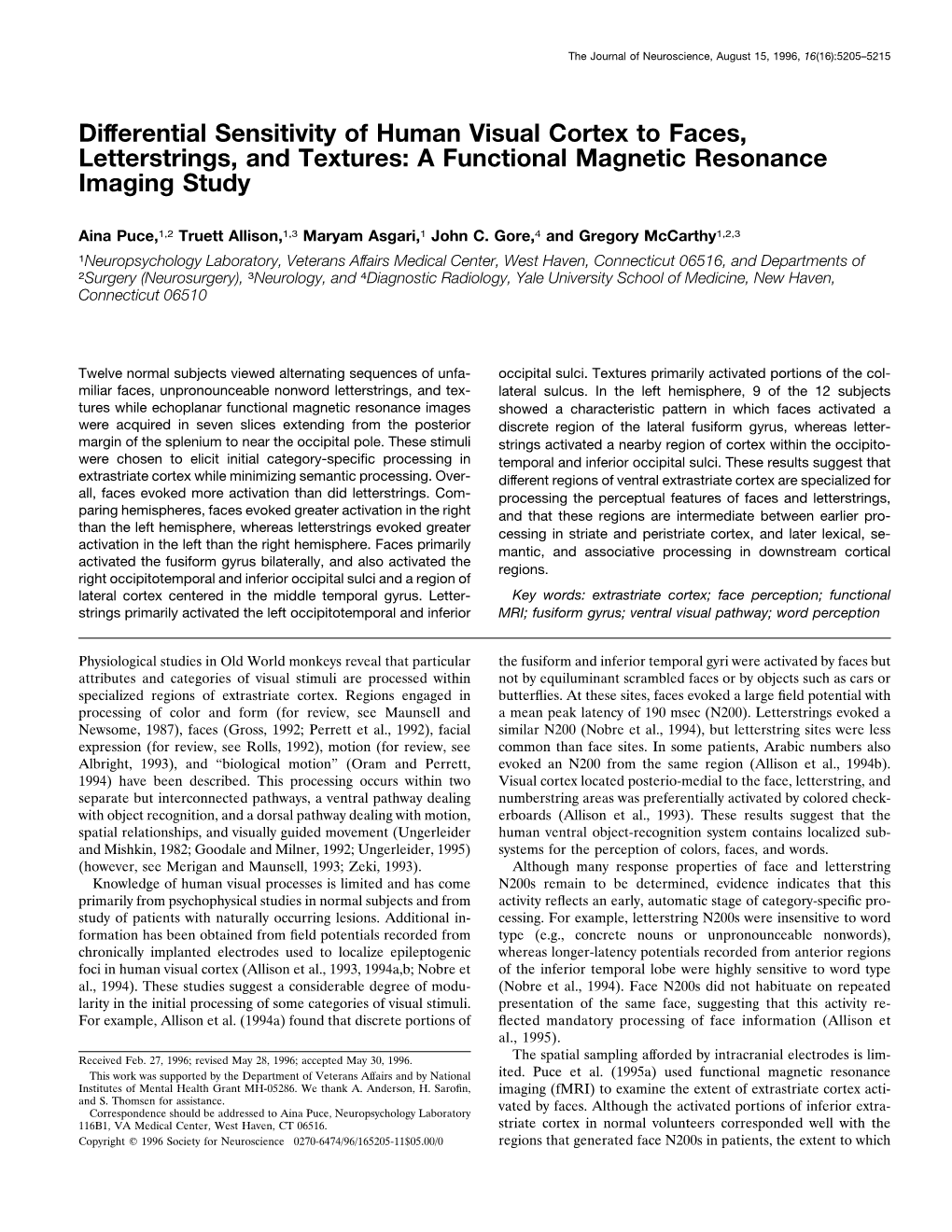 Differential Sensitivity of Human Visual Cortex to Faces, Letterstrings, and Textures: a Functional Magnetic Resonance Imaging Study