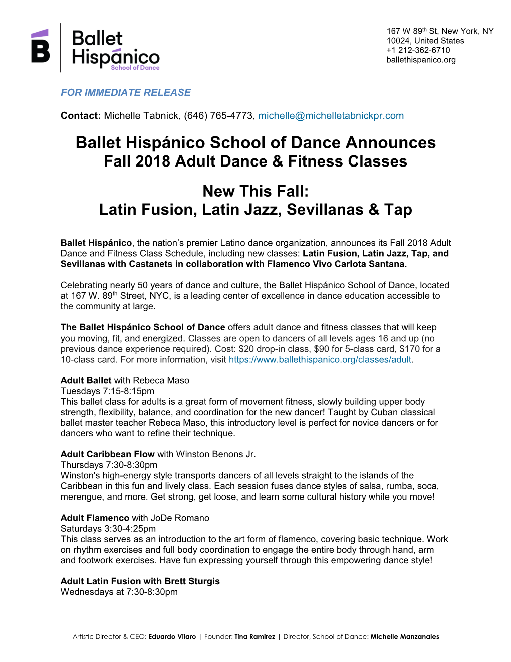 Ballet Hispánico School of Dance Announces Fall 2018 Adult Dance & Fitness Classes