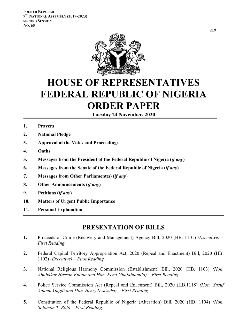 House Order Paper 24 November, 2020