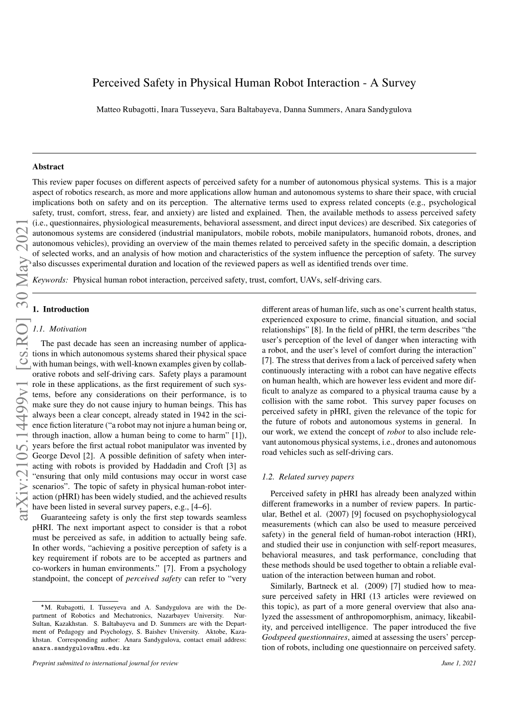 Perceived Safety in Physical Human Robot Interaction - a Survey