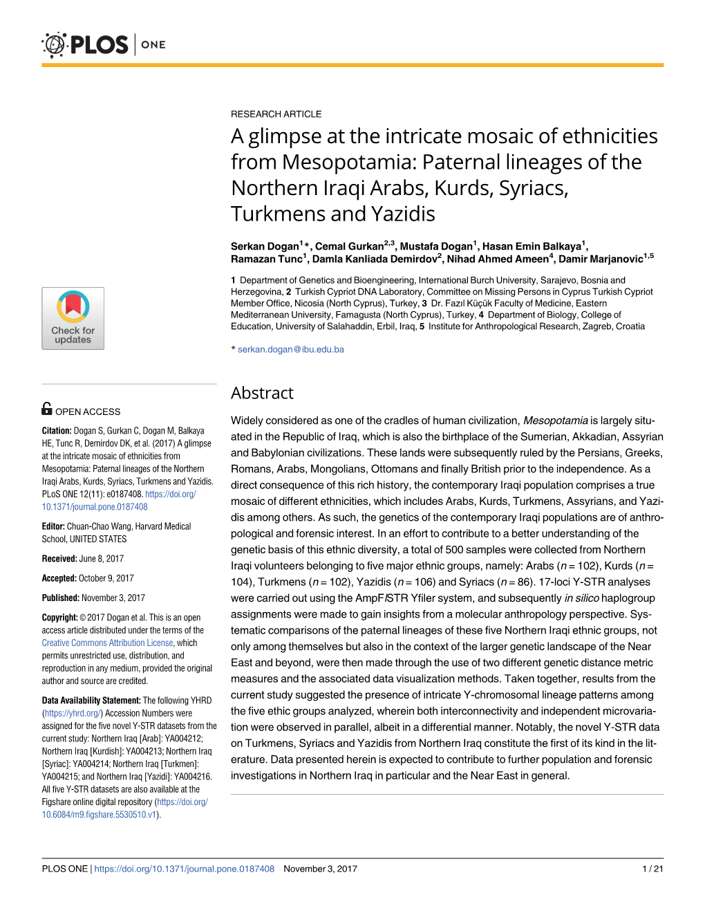 Paternal Lineages of the Northern Iraqi Arabs, Kurds, Syriacs, Turkmens and Yazidis