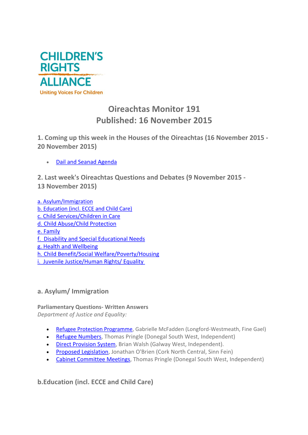 Oireachtas Monitor 191 Published: 16 November 2015
