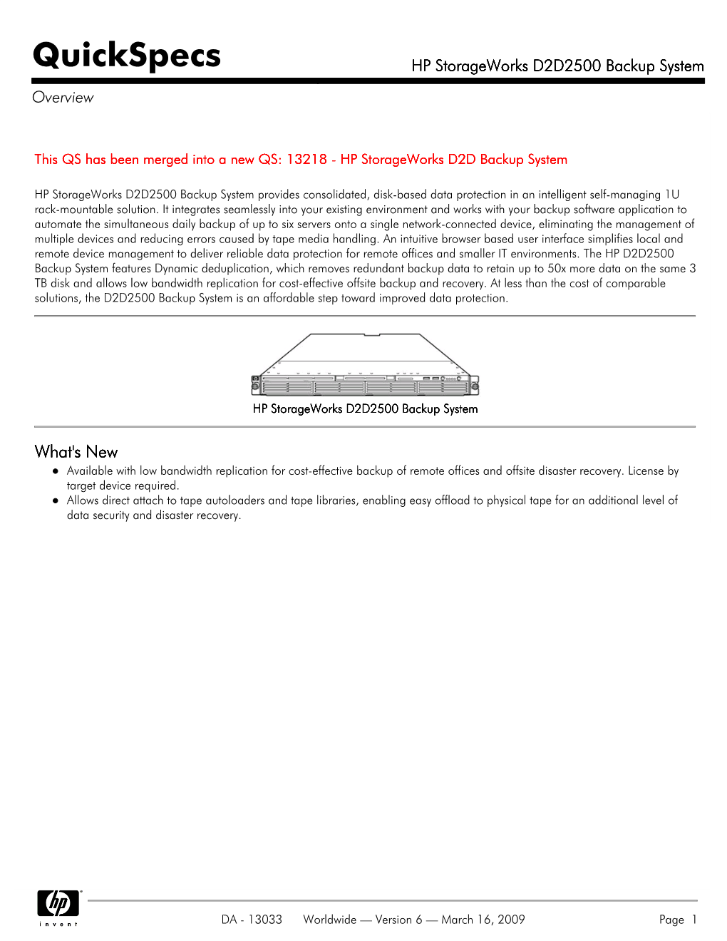 HP Storageworks D2D2500 Backup System Overview