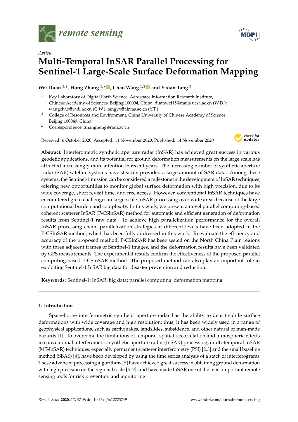 Multi-Temporal Insar Parallel Processing for Sentinel-1 Large-Scale Surface Deformation Mapping