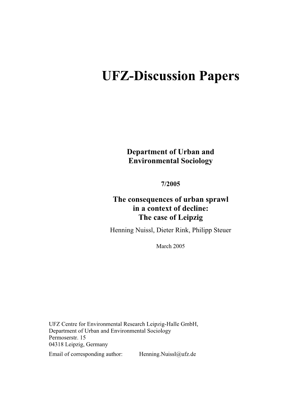 UFZ Discussion Paper 7/2005: Consequences of Urban Sprawl