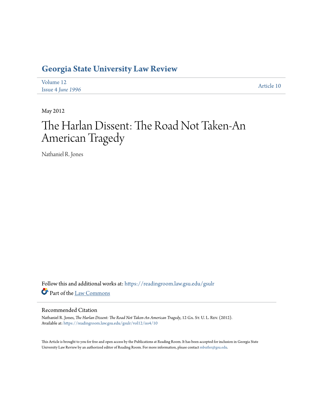 The Harlan Dissent: the Road Not Taken-An American Tragedy, 12 Ga