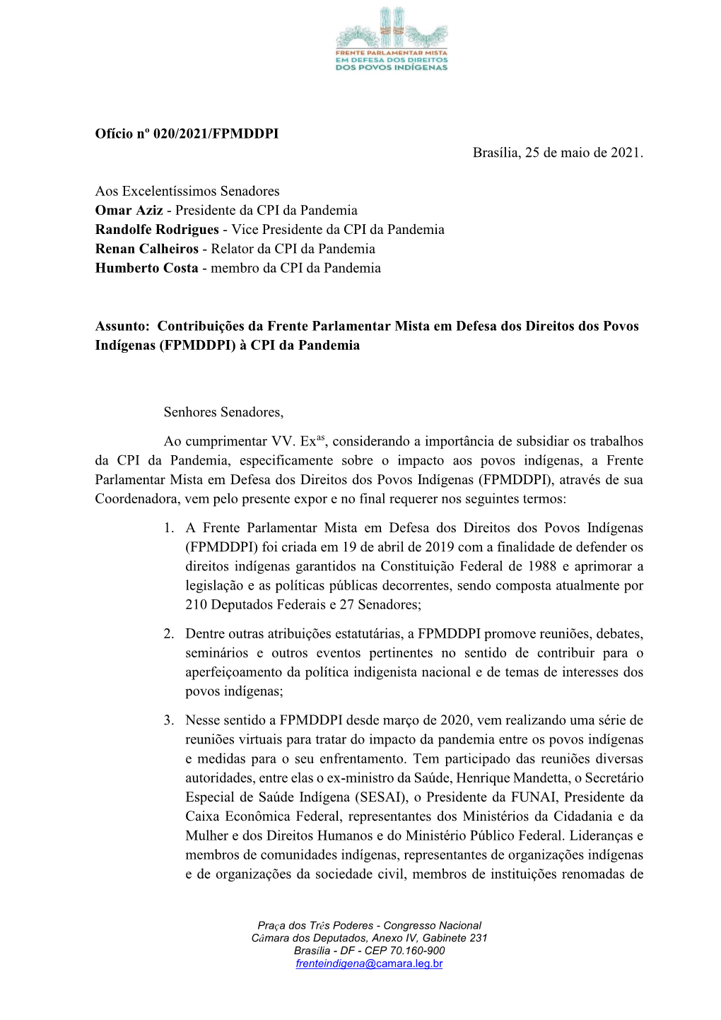 Ofício Nº 020/2021/FPMDDPI Brasília, 25 De Maio De 2021