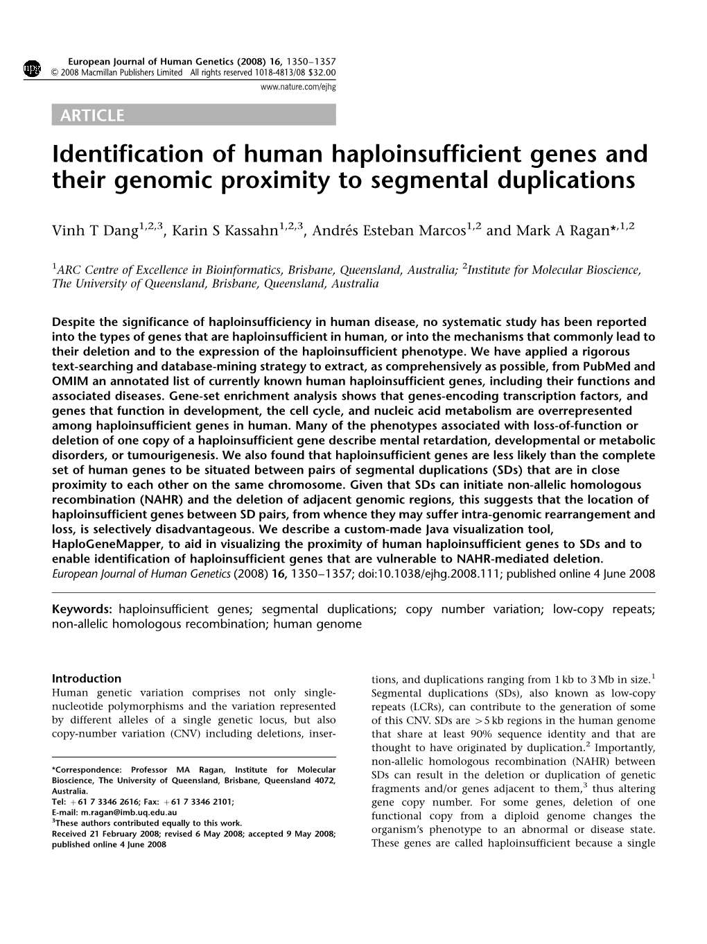 Identification of Human Haploinsufficient Genes and Their Genomic Proximity to Segmental Duplications