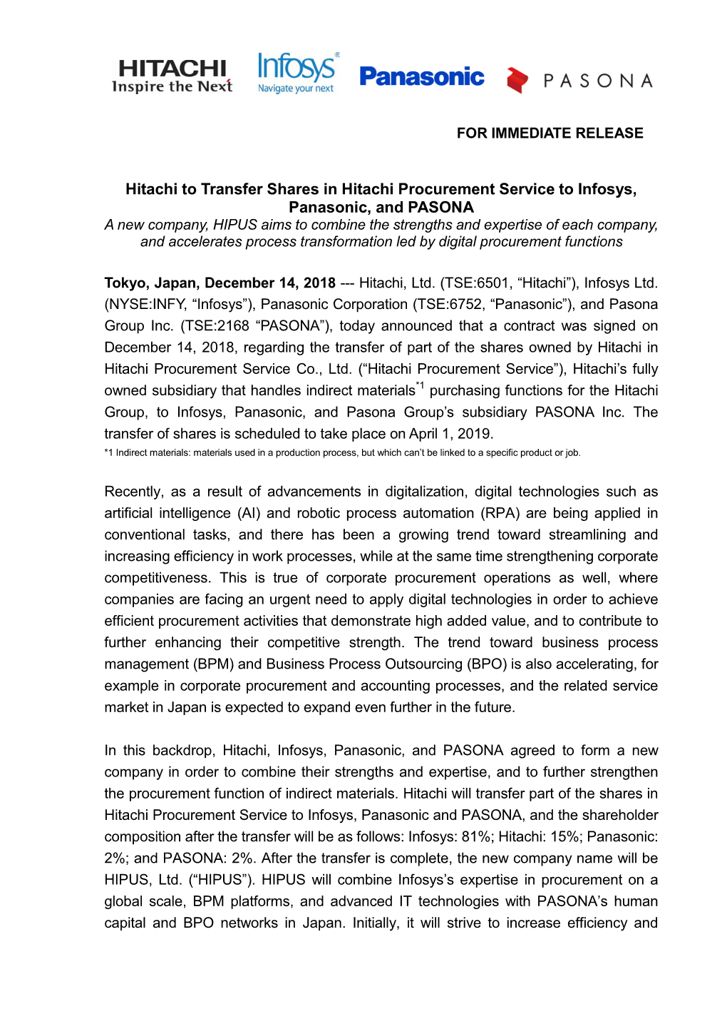 Hitachi to Transfer Shares in Hitachi