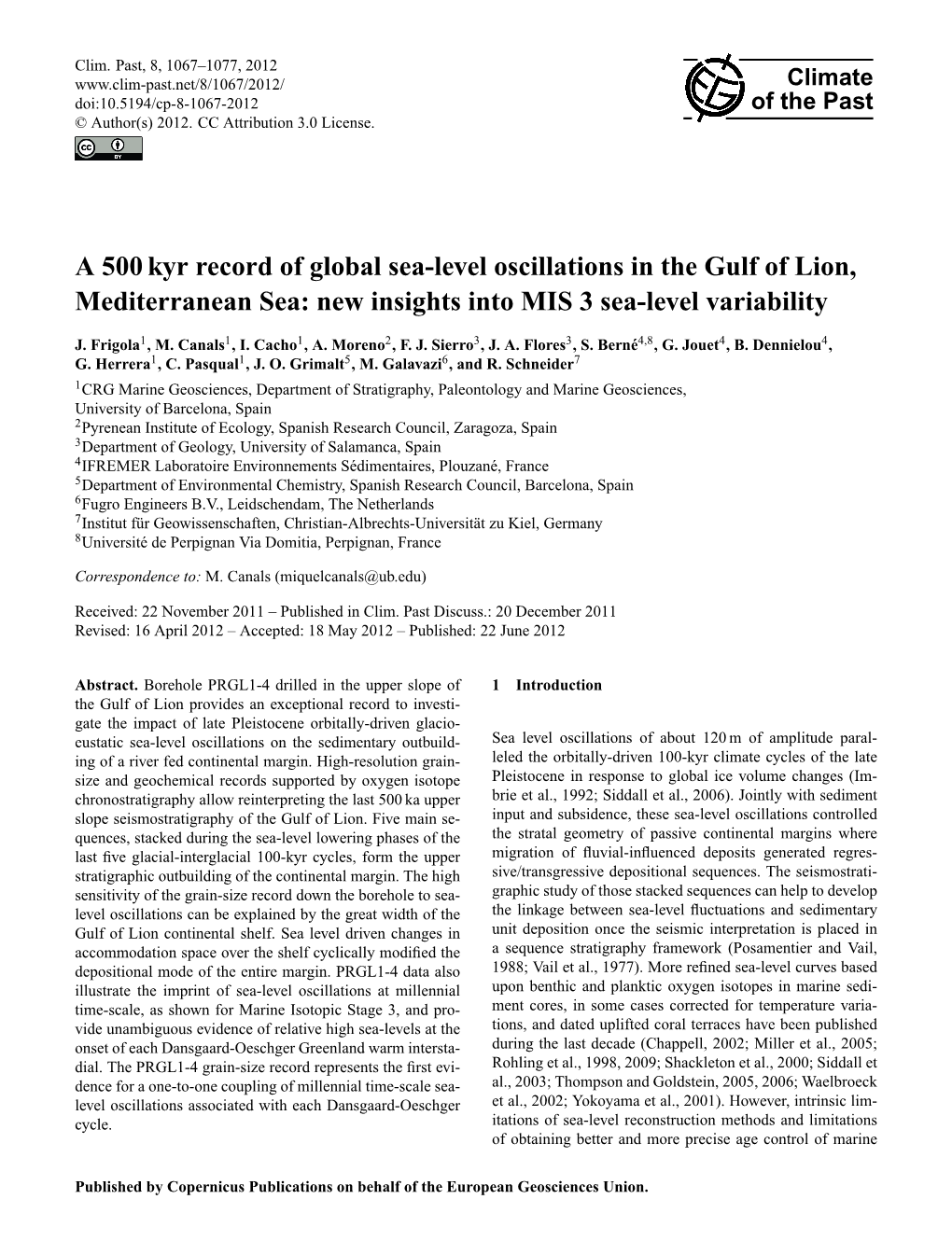 A 500 Kyr Record of Global Sea-Level Oscillations in the Gulf of Lion, Mediterranean Sea: New Insights Into MIS 3 Sea-Level Variability
