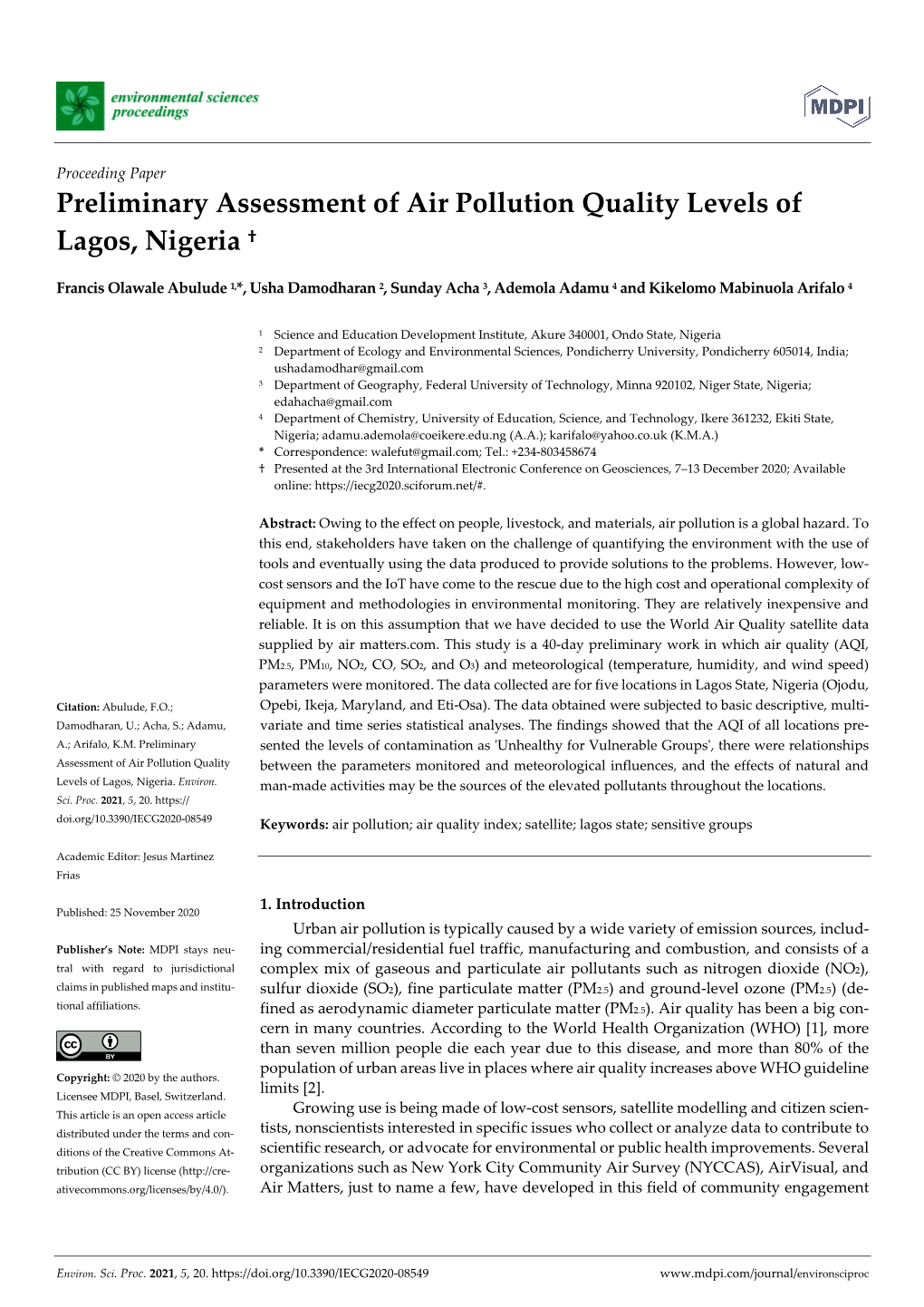 Preliminary Assessment of Air Pollution Quality Levels of Lagos, Nigeria †
