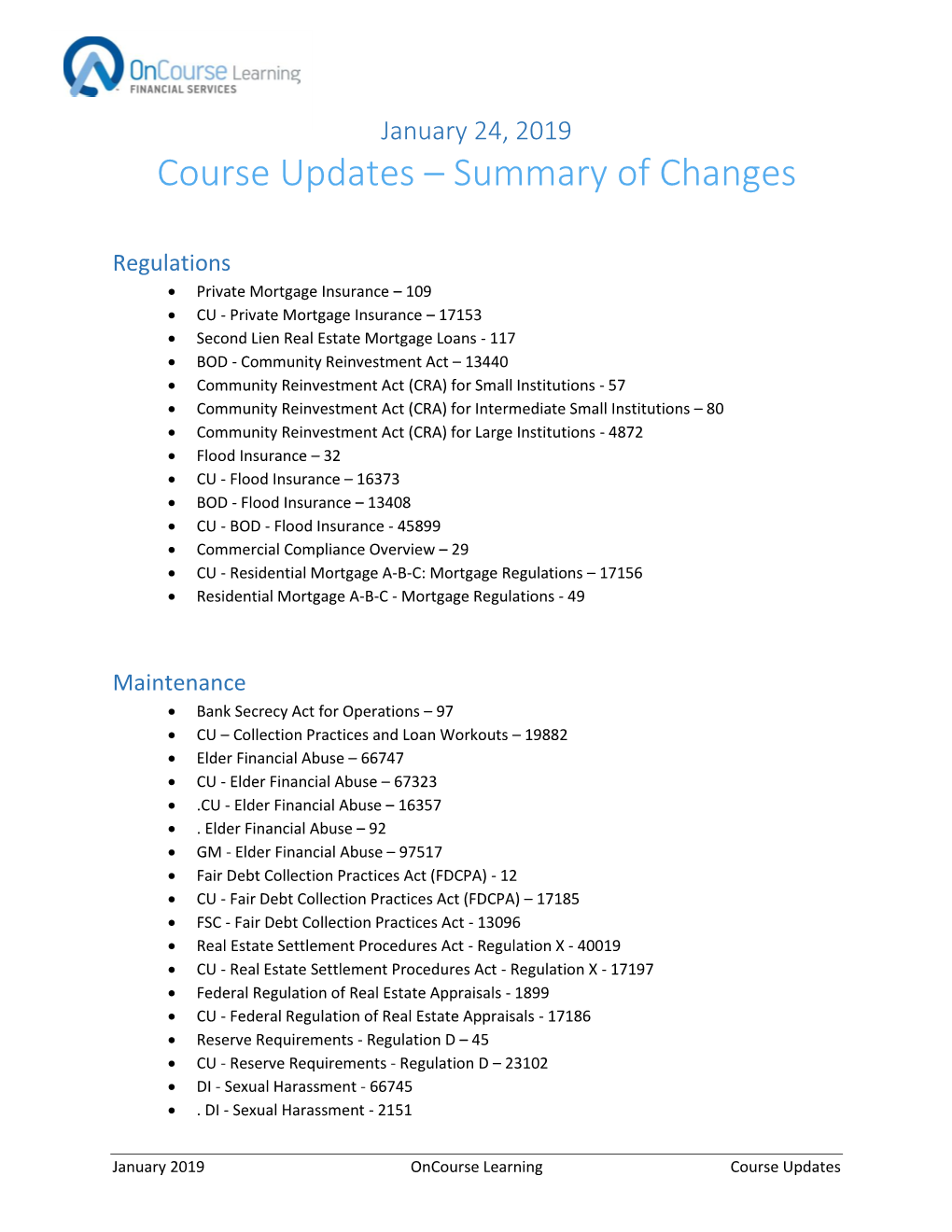Course Updates – Summary of Changes