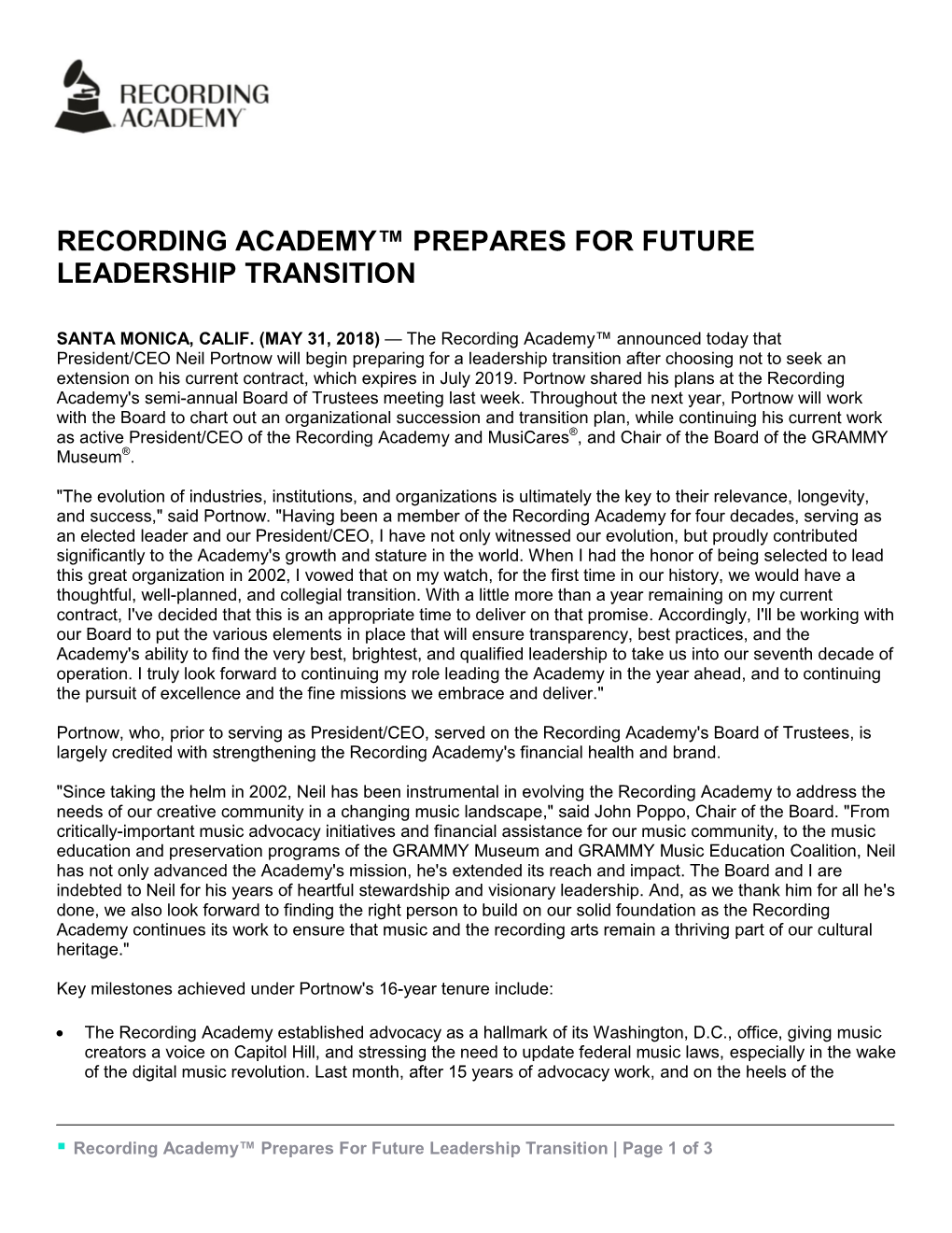 Recording Academy™ Prepares for Future Leadership Transition