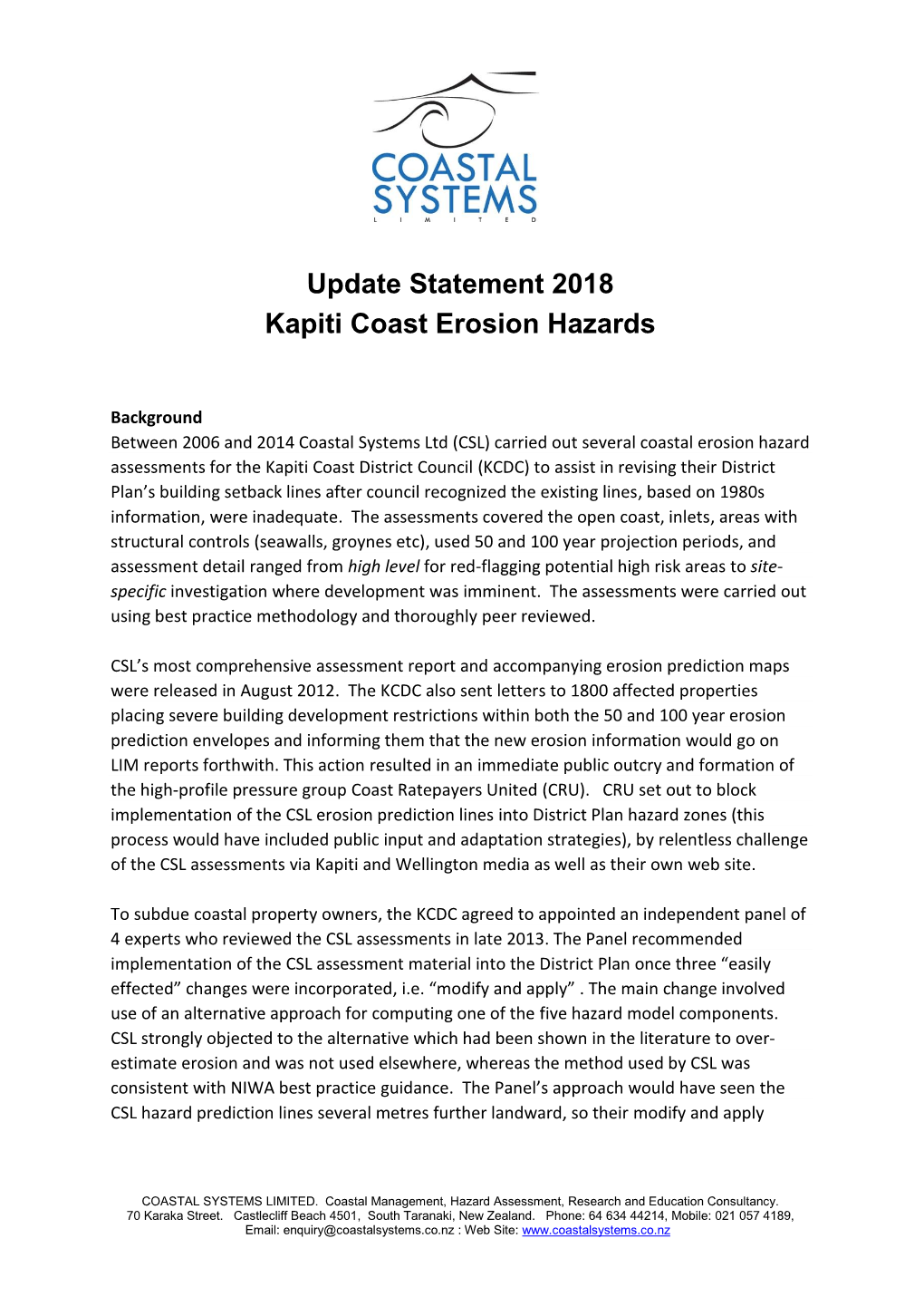 Update Statement 2018 Kapiti Coast Erosion Hazards