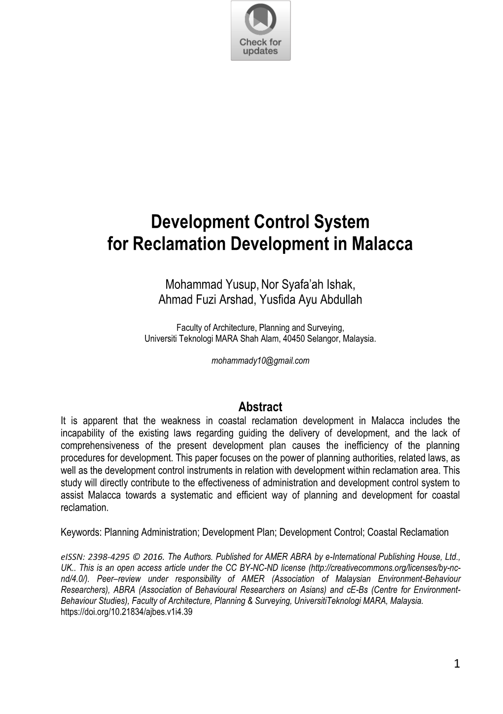 Development Control System for Reclamation Development in Malacca