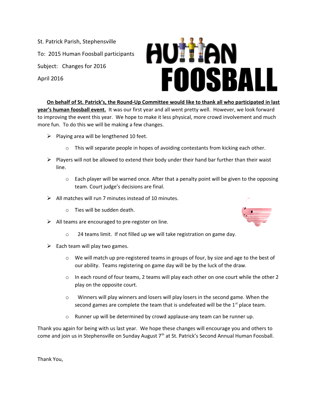 To: 2015 Human Foosball Participants