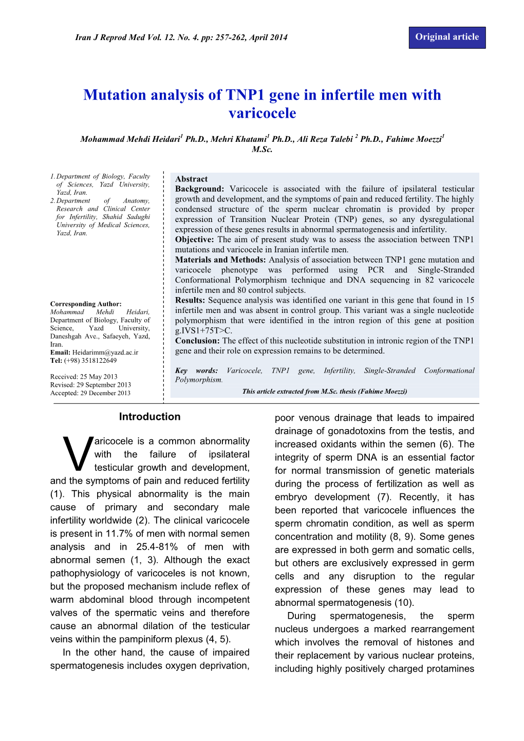 Mutation Analysis of TNP1 Gene in Infertile Men with Varicocele