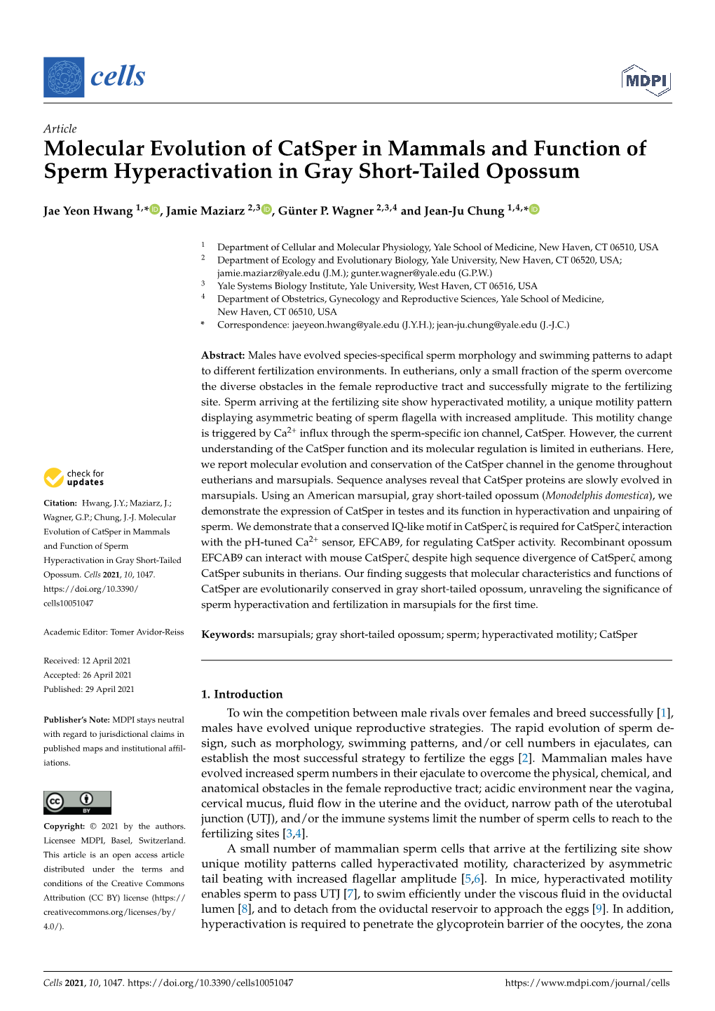 Molecular Evolution of Catsper in Mammals and Function of Sperm Hyperactivation in Gray Short-Tailed Opossum