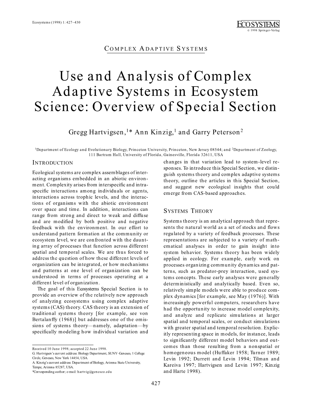 Use and Analysis of Complex Adaptive Systems in Ecosystem Science: Overview of Special Section