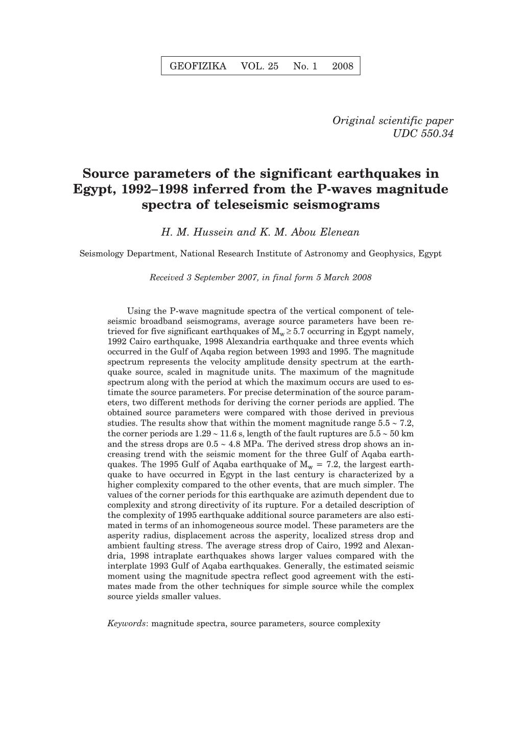 Source Parameters of the Significant Earthquakes in Egypt, 1992–1998 Inferred from the P-Waves Magnitude Spectra of Teleseismic Seismograms