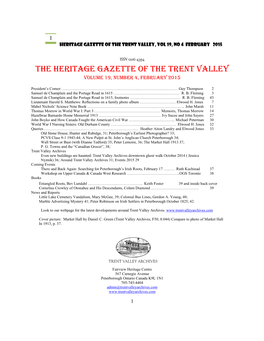 The Heritage Gazette of the Trent Valley Volume 19, Number 4, February 2015