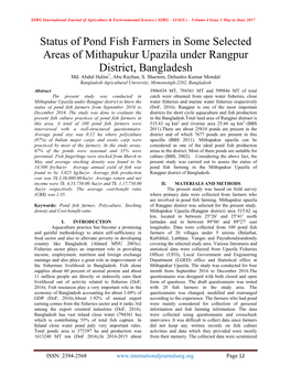 Status of Pond Fish Farmers in Some Selected Areas of Mithapukur Upazila Under Rangpur District, Bangladesh Md