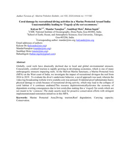 Coral Damage by Recreational Diving Activities in a Marine Protected Areaof India: Unaccountability Leading to ‘Tragedy of the Not Socommons.’