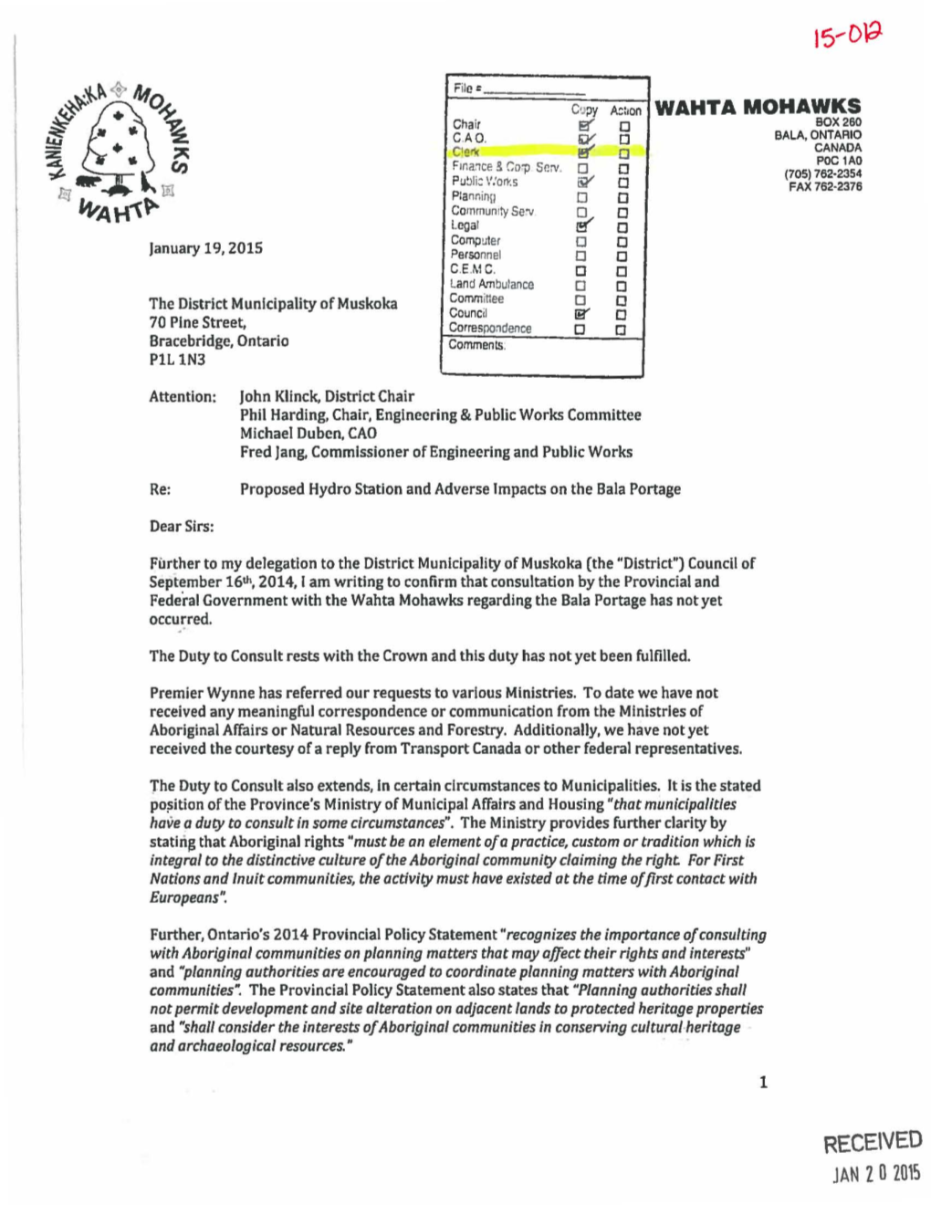 Correspondence Or Communication from the Ministries of Aboriginal Affairs Or Natural Resources and Forestry